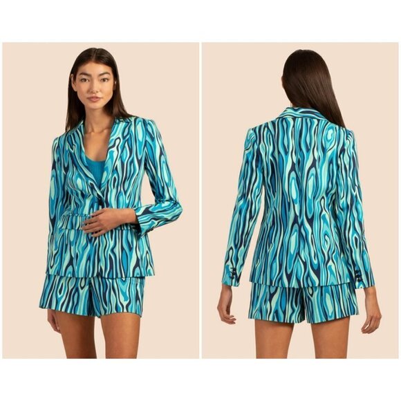 💕TRINA TURK💕 Pistache Blazer ~ Blue WIllow Ottoman Ceramic Print 4 NWT - Picture 1 of 15